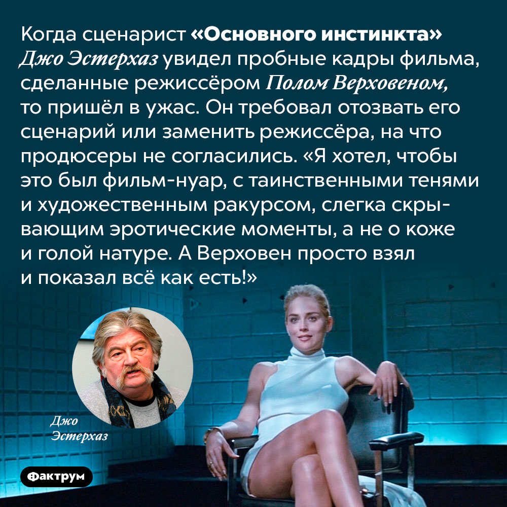 Сценарист «Основного инстинкта» был шокирован откровенностью получившегося фильма. Когда сценарист «Основного инстинкта» Джо Эстерхаз увидел пробные кадры фильма, сделанные режиссёром Полом Верховеном, то пришёл в ужас. Он требовал отозвать его сценарий или заменить режиссёра, на что продюсеры не согласились. «Я хотел, чтобы это был фильм-нуар, с таинственными тенями и художественным ракурсом, слегка скрывающим эротические моменты, а не о коже и голой натуре. А Верховен просто взял и показал всё как есть!»