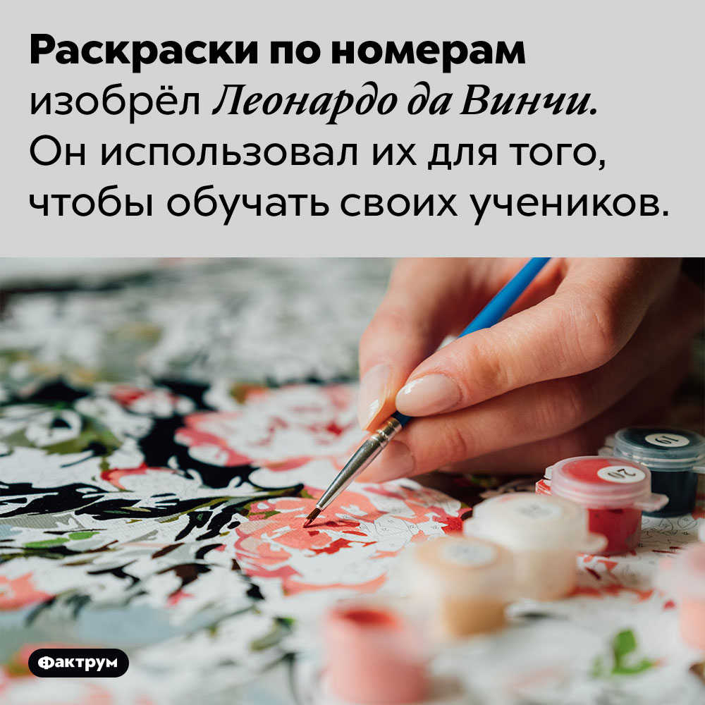Изобретатель раскрасок по номерам — Леонардо да Винчи. Раскраски по номерам изобрёл Леонардо да Винчи. Он использовал их для того, чтобы обучать своих учеников.