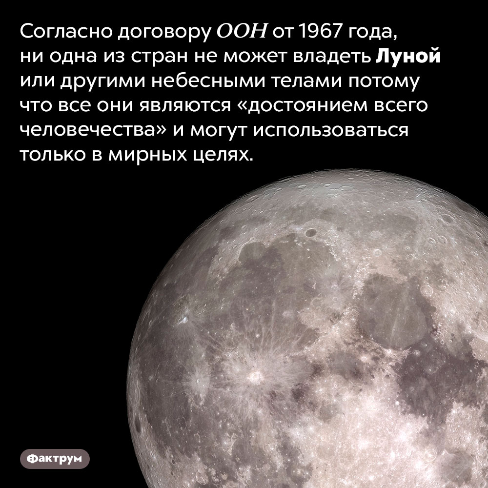 Кому принадлежит Луна?. Согласно договору ООН от 1967 года, ни одна из стран не может владеть Луной или другими небесными телами потому что все они являются «достоянием всего человечества» и могут использоваться только в мирных целях. 