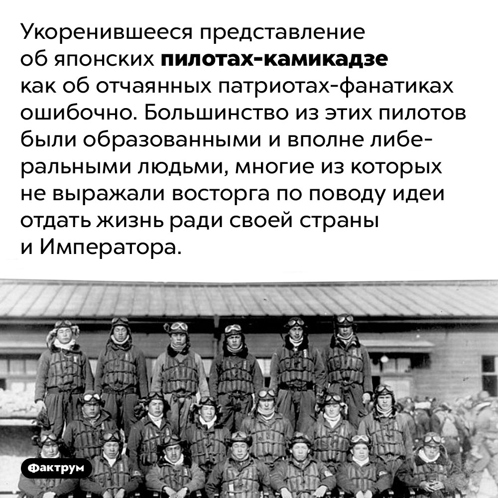 Пилоты-камикадзе не были патриотами-фанатиками. Укоренившееся представление об японских пилотах-камикадзе как об отчаянных патриотах-фанатиках ошибочно. Большинство из этих пилотов были образованными и вполне либеральными людьми, многие из которых не выражали восторга по поводу идеи отдать жизнь ради своей страны и Императора.