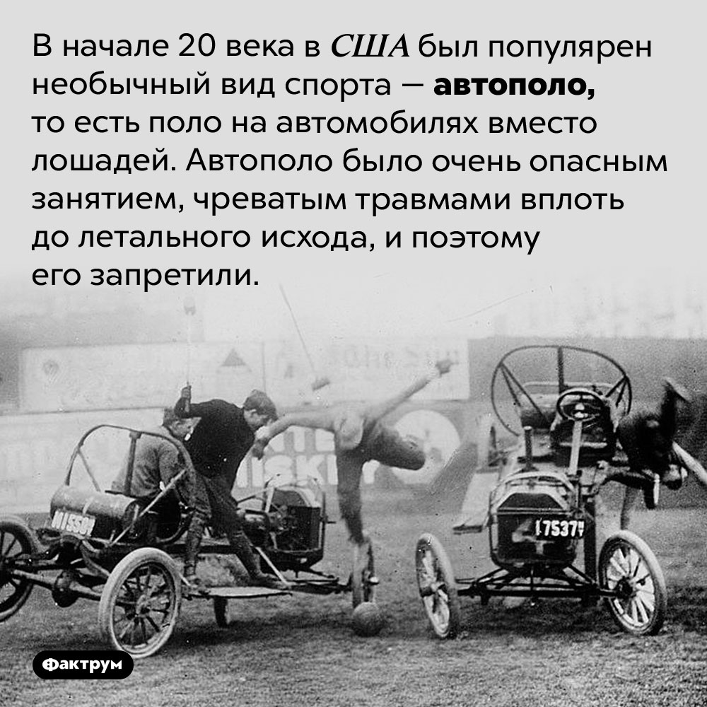 Автополо — необычный вид спорта начала 20 века. В начале 20 века в США был популярен необычный вид спорта — автополо, то есть поло на автомобилях вместо лошадей. Автополо было очень опасным занятием, чреватым травмами вплоть до летального исхода, и поэтому его запретили.