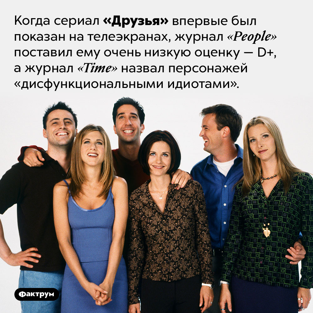 Критикам не понравился сериал «Друзья». Когда сериал «Друзья» впервые был показан на телеэкранах, журнал <em>«People»</em> поставил ему очень низкую оценку — D+, а журнал <em>«Time»</em> назвал персонажей «дисфункциональными идиотами»