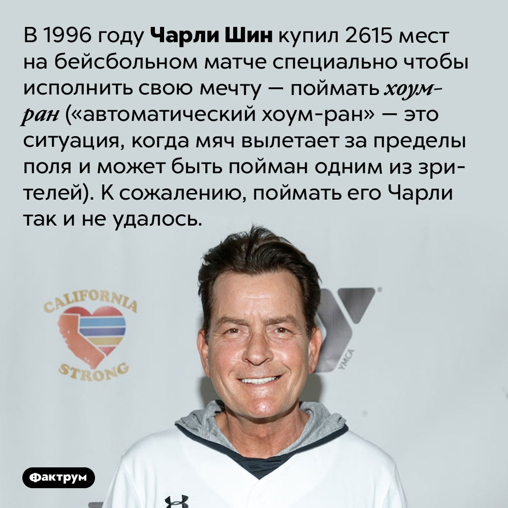 Зачем Чарли Шин купил 2615 билетов на бейсбольный матч?. В 1996 году Чарли Шин купил 2615 мест на бейсбольном матче специально чтобы исполнить свою мечту — поймать хоум-ран («автоматический хоум-ран» — это ситуация, когда мяч вылетает за пределы поля и может быть пойман одним из зрителей). К сожалению, поймать его Чарли так и не удалось.