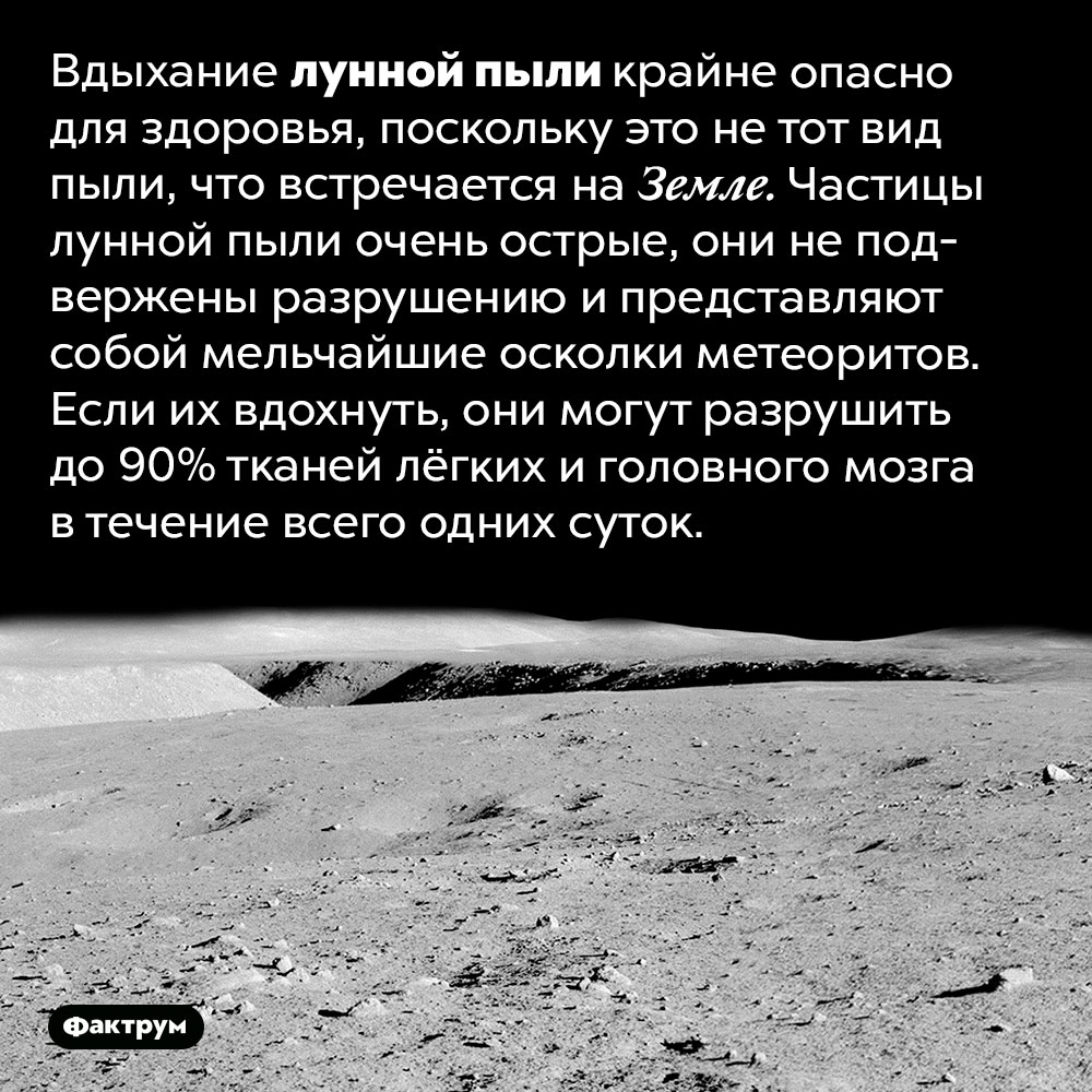 Вдыхание лунной пыли может убить человека всего за сутки. Вдыхание лунной пыли крайне опасно для здоровья, поскольку это не тот вид пыли, что встречается на Земле. Частицы лунной пыли очень острые, они не подвержены разрушению и представляют собой мельчайшие осколки метеоритов. Если их вдохнуть, они могут разрушить до 90% тканей лёгких и головного мозга в течение всего одних суток.