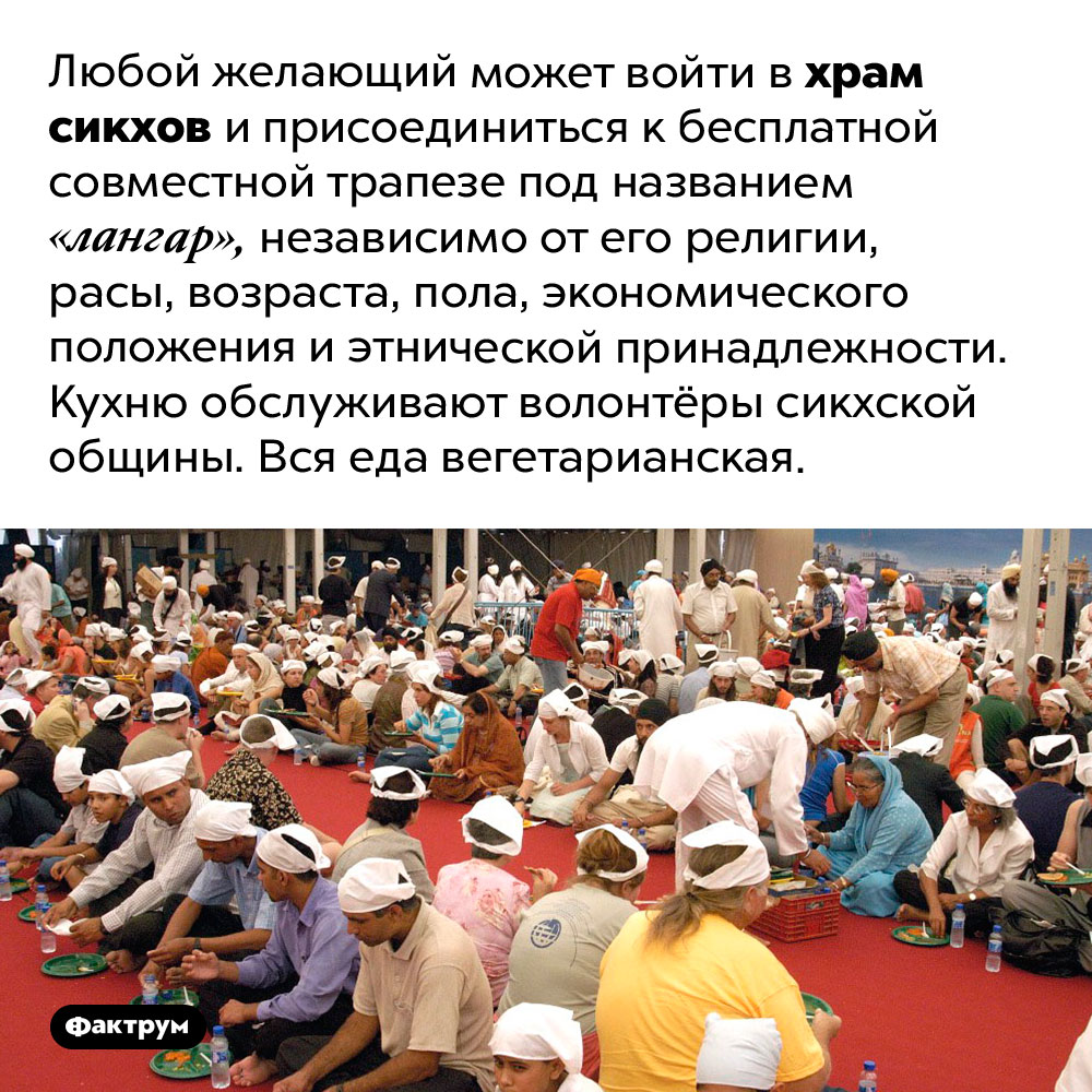 Бесплатная еда в храме сикхов. Любой желающий может войти в храм сикхов и присоединиться к бесплатной совместной трапезе под названием «лангар», независимо от его религии, расы, возраста, пола, экономического положения и этнической принадлежности. Кухню обслуживают волонтёры сикхской общины. Вся еда вегетарианская.