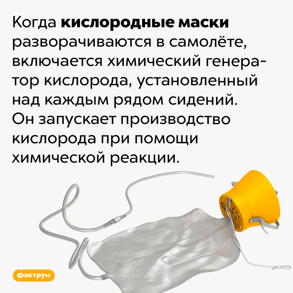 Откуда берётся кислород в кислородных масках на борту самолётов. Когда кислородные маски разворачиваются в самолёте, включается химический генератор кислорода, установленный над каждым рядом сидений. Он запускает производство кислорода при помощи химической реакции.