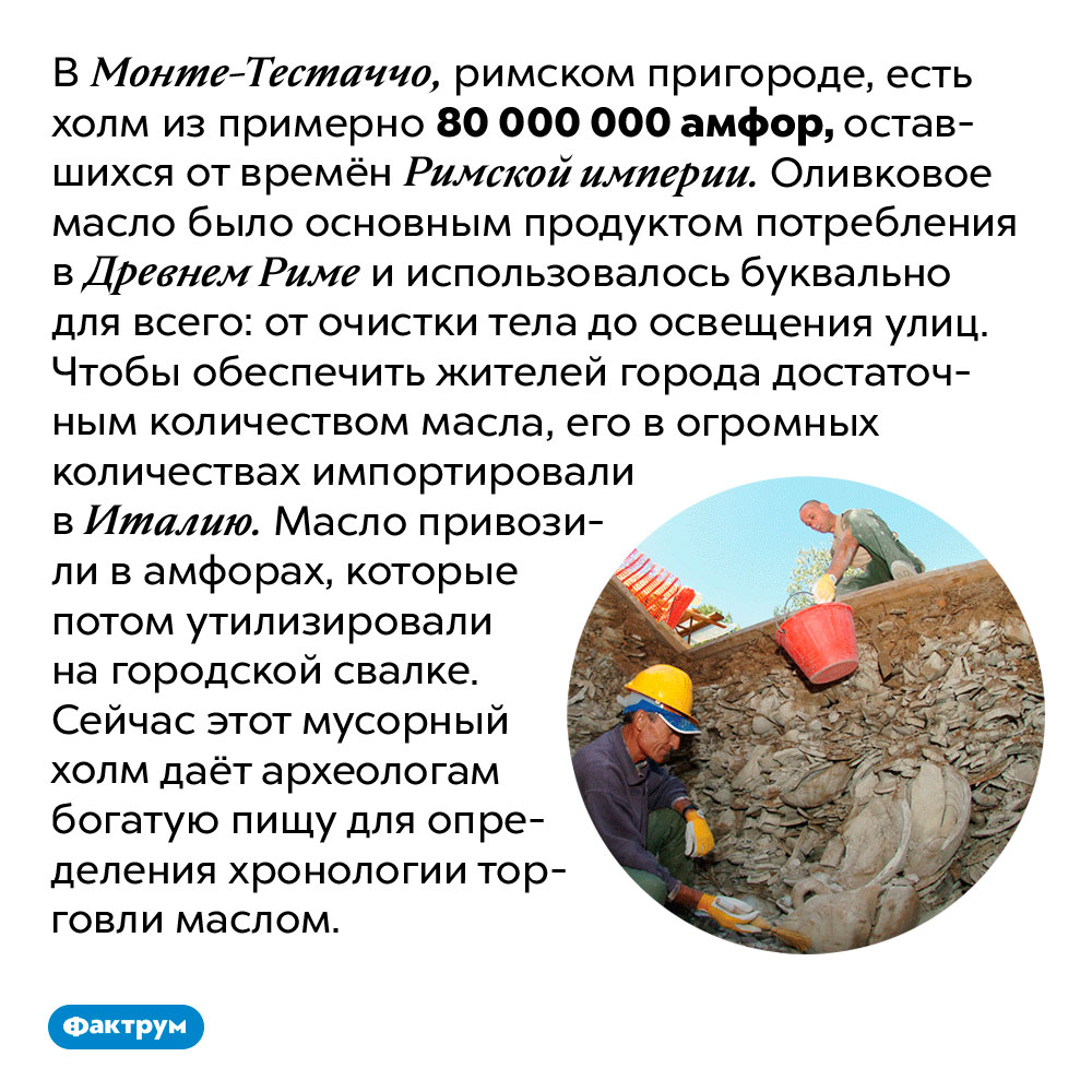 Откуда в Италии холм из 80 миллионов амфор. В Монте-Тестаччо, римском пригороде, есть холм из примерно 80 000 000 амфор, оставшихся от времён Римской империи. Оливковое масло было основным продуктом потребления в Древнем Риме и использовалось буквально для всего: от очистки тела до освещения улиц. Чтобы обеспечить жителей города достаточным количеством масла, его в огромных количествах импортировали в Италию. Масло привозили в амфорах, которые потом утилизировали на городской свалке. Сейчас этот мусорный холм даёт археологам богатую пищу для определения хронологии торговли маслом.