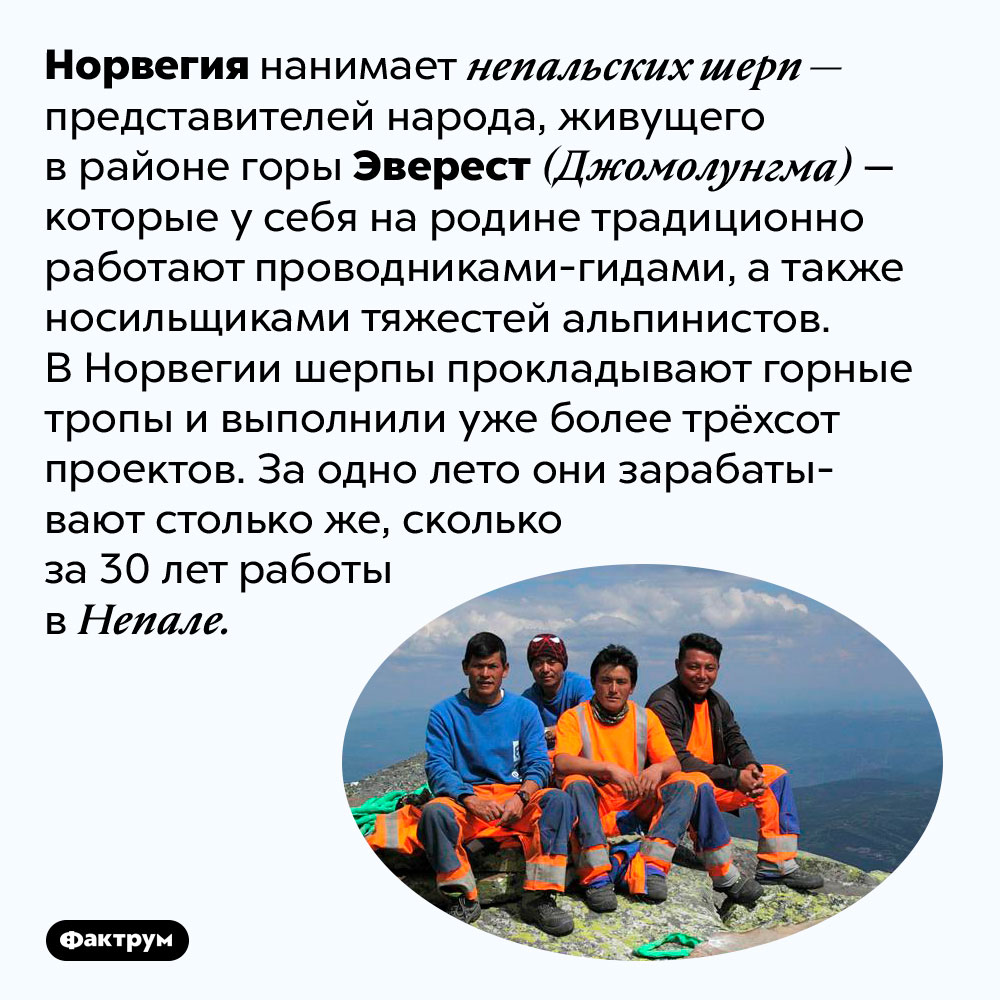 Что непальские шерпы делают в Норвегии. Норвегия нанимает непальских шерп — представителей народа, живущего в районе горы Эверест (Джомолунгма) — которые у себя на родине традиционно работают проводниками-гидами, а также носильщиками тяжестей альпинистов. В Норвегии шерпы прокладывают горные тропы и выполнили уже более трёхсот проектов. За одно лето они зарабатывают столько же, сколько за 30 лет работы в Непале.