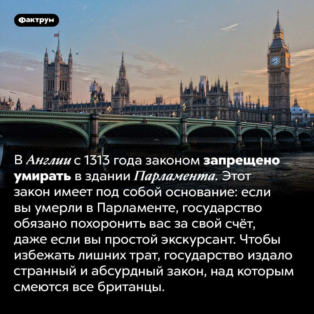 Почему нельзя умирать в здании британского Парламента. В Англии с 1313 года законом запрещено умирать в здании Парламента. Этот закон имеет под собой основание: если вы умерли в Парламенте, государство обязано похоронить вас за свой счёт, даже если вы простой экскурсант. Чтобы избежать лишних трат, государство издало странный и абсурдный закон, над которым смеются все британцы.
