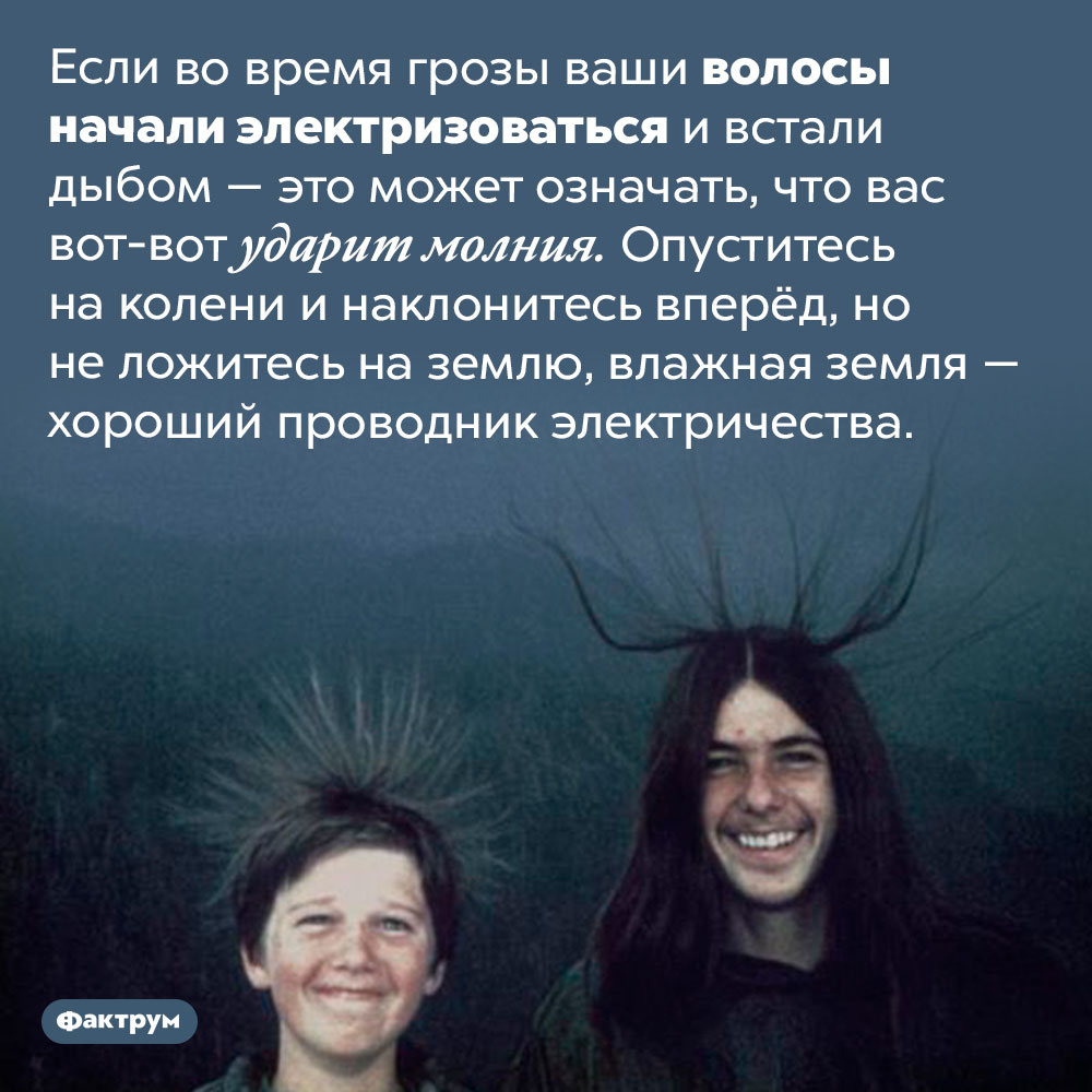 Что, если во время грозы волосы начали электризоваться?. Если во время грозы ваши волосы начали электризоваться и встали дыбом — это может означать, что вас вот-вот ударит молния. Опуститесь на колени и наклонитесь вперёд, но не ложитесь на землю, влажная земля — ​​хороший проводник электричества.