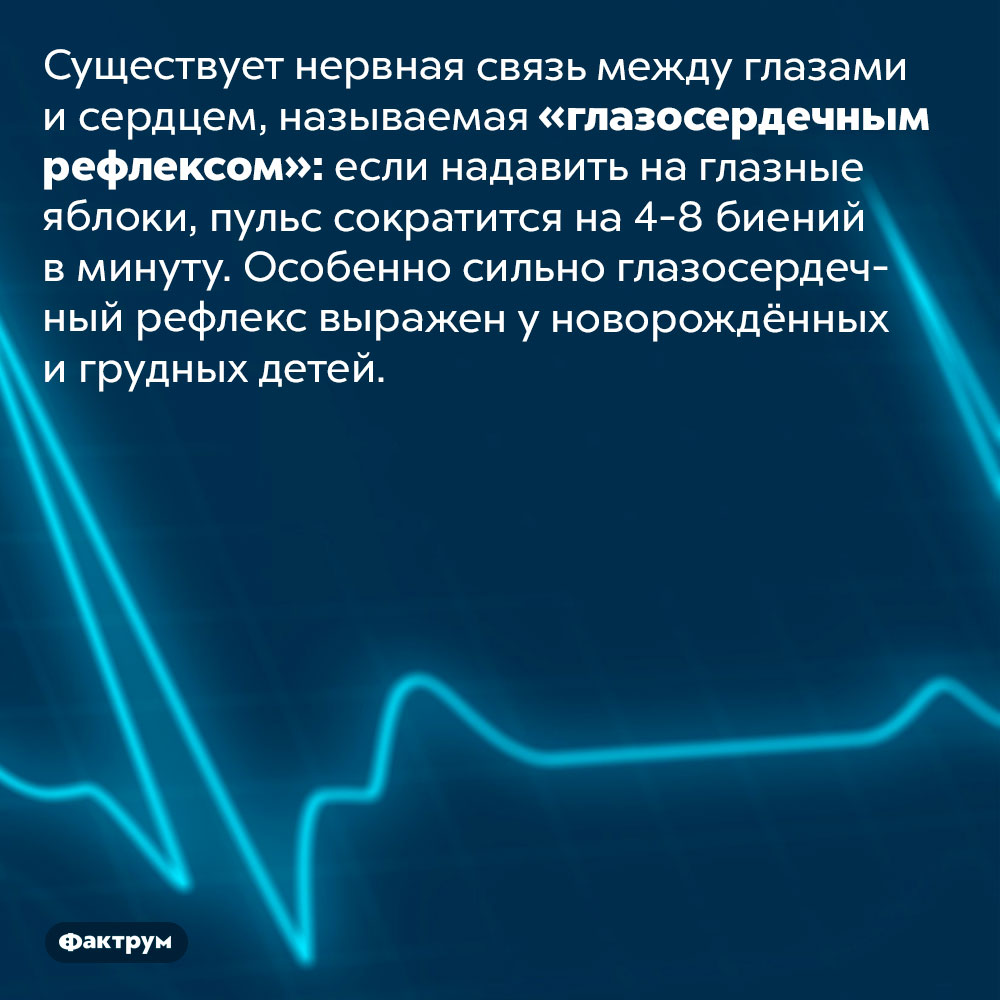 Если надавить на глазные яблоки, пульс замедлится. Существует нервная связь между глазами и сердцем, называемая «глазосердечным рефлексом»: если надавить на глазные яблоки, пульс сократится на 4-8 биений в минуту. Особенно сильно глазосердечный рефлекс выражен у новорождённых и грудных детей.