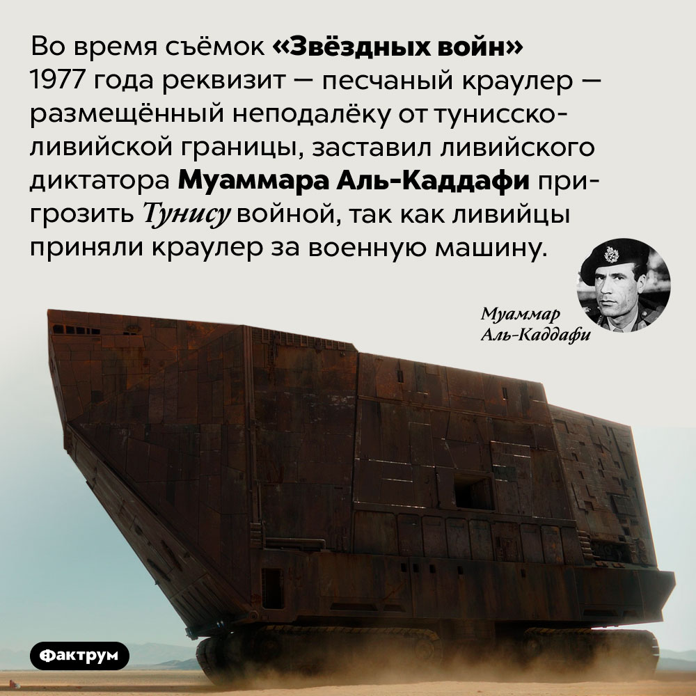 Каддафи грозил Тунису войной из-за «Звёздных войн». Во время съёмок «Звёздных войн» 1977 года реквизит — песчаный краулер — размещённый неподалёку от тунисско-ливийской границы, заставил ливийского диктатора Муаммара Аль-Каддафи пригрозить Тунису войной, так как ливийцы приняли краулер за военную машину.