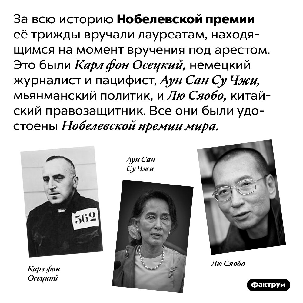 Кто получил Нобелевку, сидя под арестом. За всю историю Нобелевской премии её трижды вручали лауреатам, находящимся на момент вручения под арестом. Это были Карл фон Осецкий, немецкий журналист и пацифист, Аун Сан Су Чжи, мьянманский политик, и Лю Сяобо, китайский правозащитник. Все они были удостоены Нобелевской премии мира.