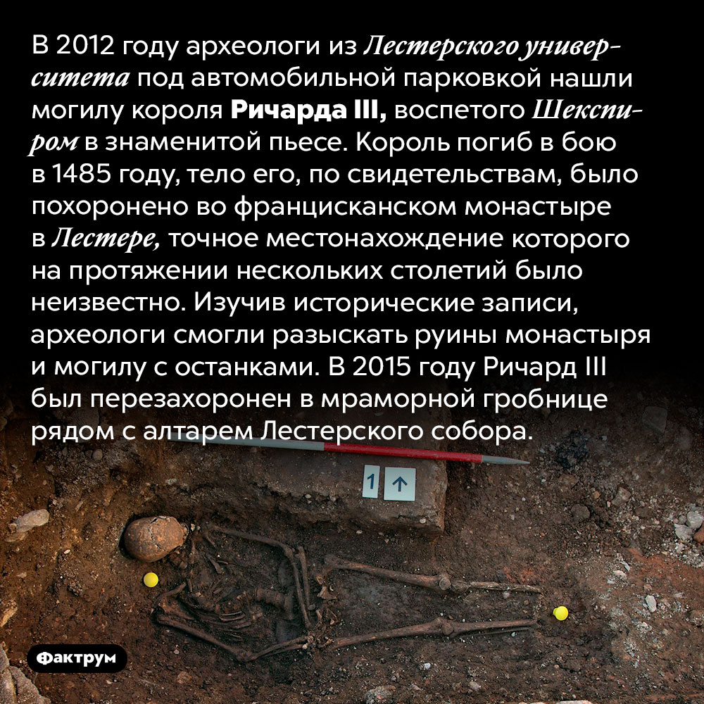 Могила Ричарда III. В 2012 году археологи из Лестерского университета под автомобильной парковкой нашли могилу короля Ричарда III, воспетого Шекспиром в знаменитой пьесе. Король погиб в бою в 1485 году, тело его, по свидетельствам, было похоронено во францисканском монастыре в Лестере, точное местонахождение которого на протяжении нескольких столетий было неизвестно.
Изучив исторические записи, археологи смогли разыскать руины монастыря и могилу с останками. В 2015 году Ричард III был перезахоронен в мраморной гробнице рядом с алтарем Лестерского собора.