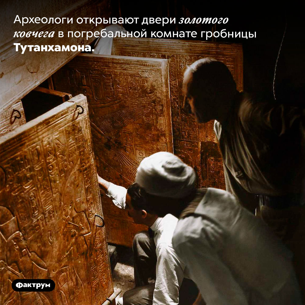 Археологи открывают двери золотого ковчега в погребальной комнате гробницы Тутанхамона. 