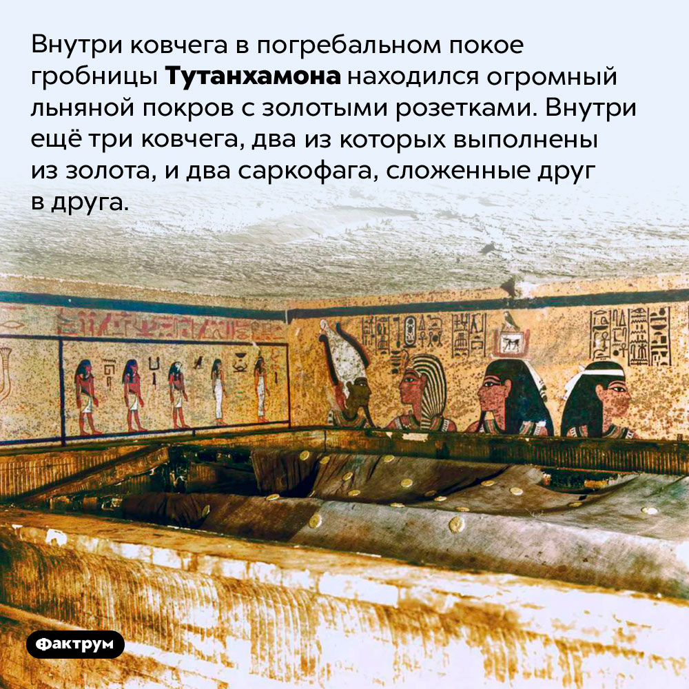 Внутри ковчега в погребальном покое гробницы Тутанхамона находился огромный льняной покров с золотыми розетками. Внутри ещё три ковчега, два из которых выполнены из золота, и два саркофага, сложенные друг в друга.
