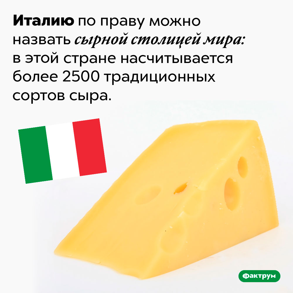 Италия — сырная столица мира. Италию по праву можно назвать сырной столицей мира: в этой стране насчитывается более 2500 традиционных сортов сыра.