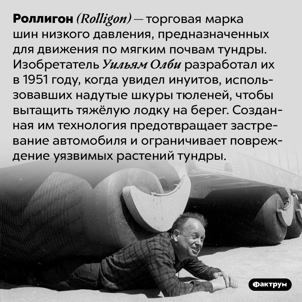 Удивительные шины Роллигон. Роллигон <em>(Rolligon) —</em> торговая марка шин низкого давления, предназначенных для движения по мягким почвам тундры. Изобретатель Уильям Олби разработал их в 1951 году, когда увидел инуитов, использовавших надутые шкуры тюленей, чтобы вытащить тяжёлую лодку на берег. Созданная им технология предотвращает застревание автомобиля и ограничивает повреждение уязвимых растений тундры.