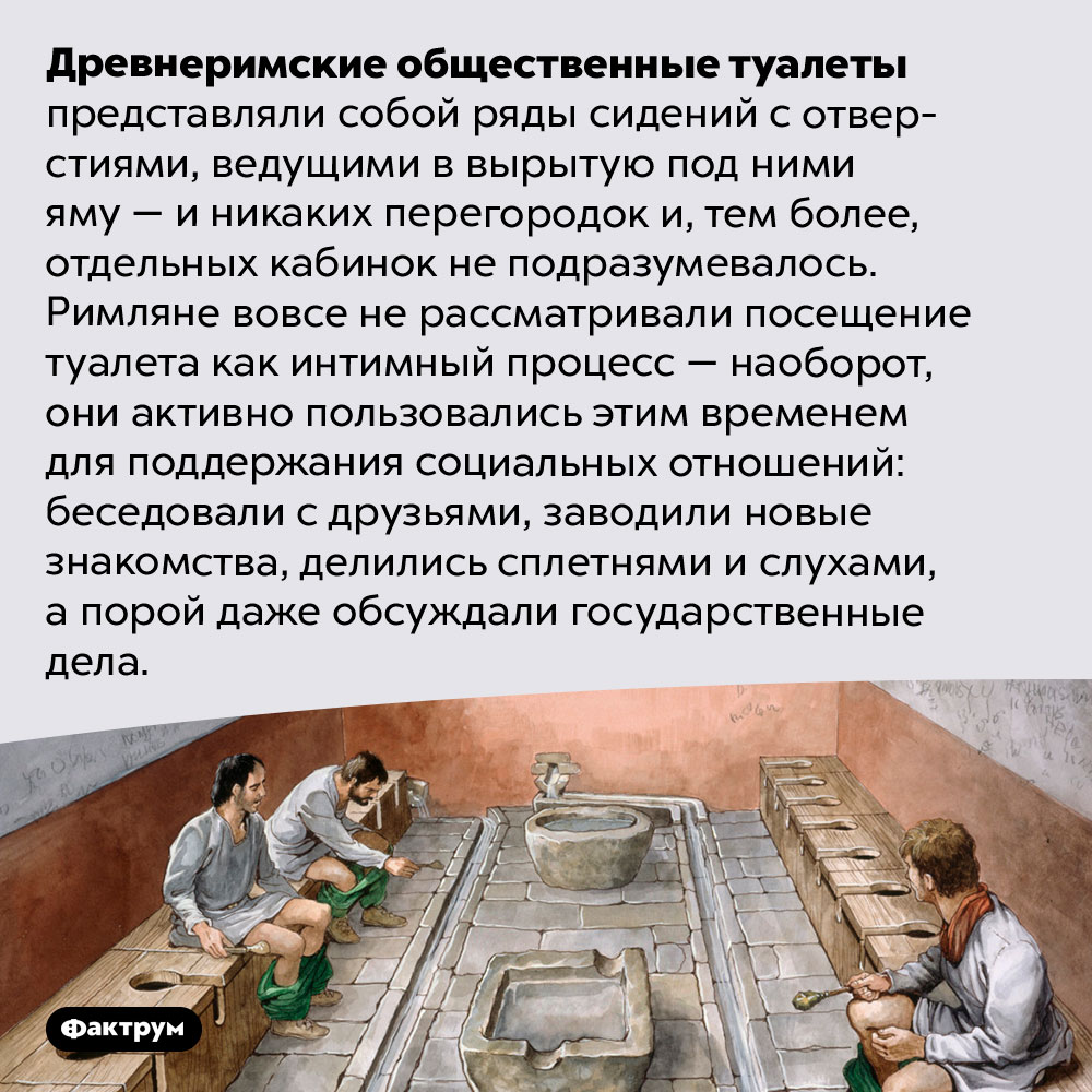 Древние римляне любили тусоваться в общественных туалетах. Древнеримские общественные туалеты представляли собой ряды сидений с отверстиями, ведущими в вырытую под ними яму — и никаких перегородок и, тем более, отдельных кабинок не подразумевалось. Римляне вовсе не рассматривали посещение туалета как интимный процесс — наоборот, они активно пользовались этим временем для поддержания социальных отношений: беседовали с друзьями, заводили новые знакомства, делились сплетнями и слухами, а порой даже обсуждали государственные дела.