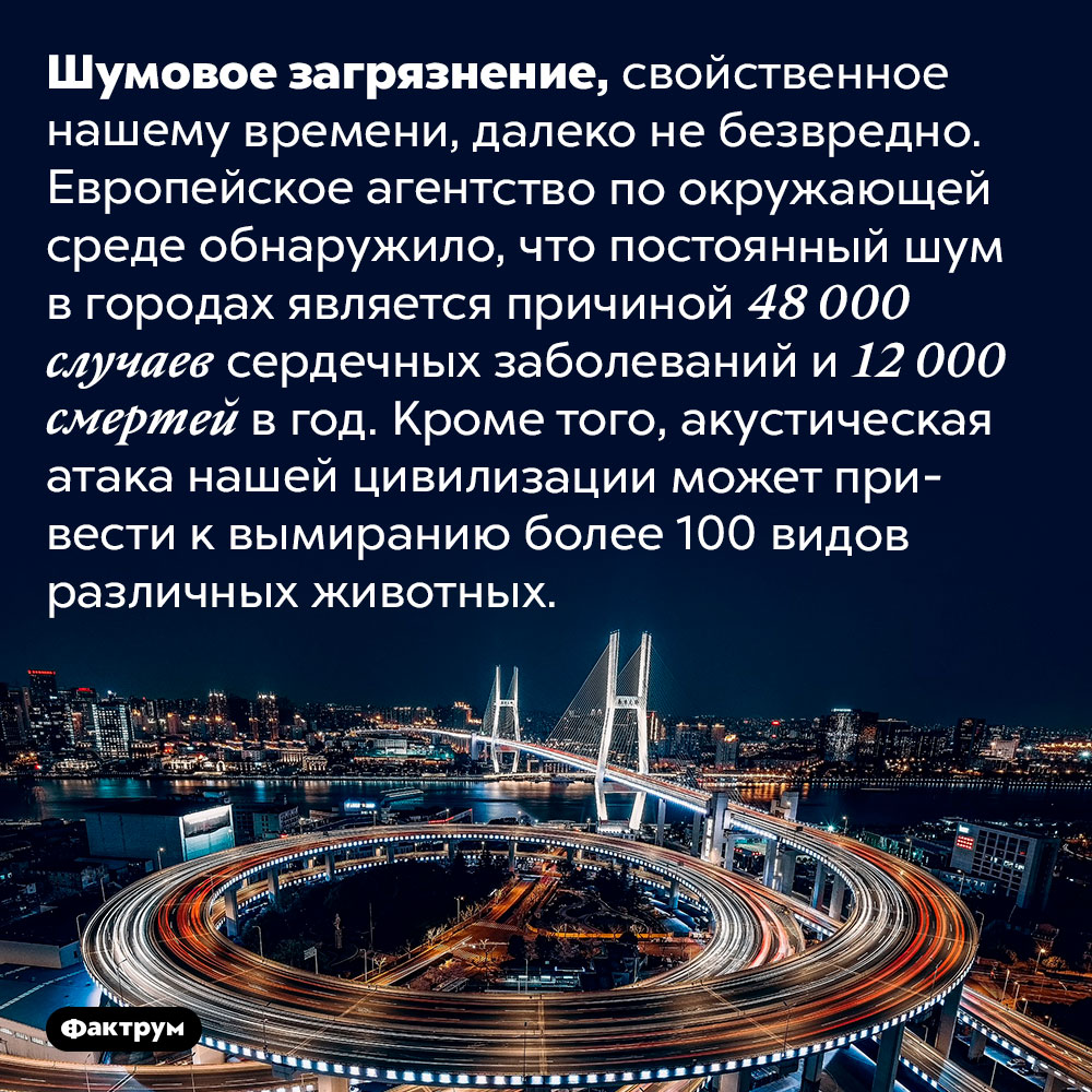 Шумовое загрязнение в современных городах может быть смертельно опасно. Шумовое загрязнение, свойственное нашему времени, далеко не безвредно. Европейское агентство по окружающей среде обнаружило, что постоянный шум в городах является причиной 48 000 случаев сердечных заболеваний и 12 000 смертей в год. Кроме того, акустическая атака нашей цивилизации может привести к вымиранию более 100 видов различных животных.