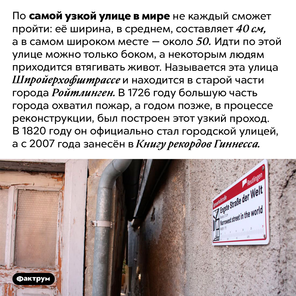 Самая узкая улица в мире позволяет пройти только боком. По самой узкой улице в мире не каждый сможет пройти: её ширина, в среднем, составляет 40 см, а в самом широком месте — около 50. Идти по этой улице можно только боком, а некоторым людям приходится втягивать живот. Называется эта улица Шпройерхофштрассе и находится в старой части города Ройтлинген. В 1726 году большую часть города охватил пожар, а годом позже, в процессе реконструкции, был построен этот узкий проход. В 1820 году он официально стал городской улицей, а с 2007 года занесён в Книгу рекордов Гиннесса.