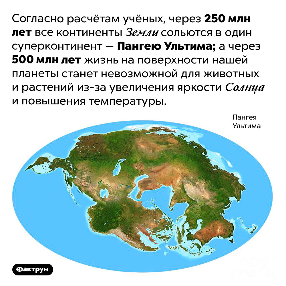 Через сколько лет жизнь на Земле станет невозможной для людей. Согласно расчётам учёных, через 250 млн лет все континенты Земли сольются в один суперконтинент — Пангею Ультима; а через 500 млн лет жизнь на поверхности нашей планеты станет невозможной для животных и растений из-за увеличения яркости Солнца и повышения температуры.