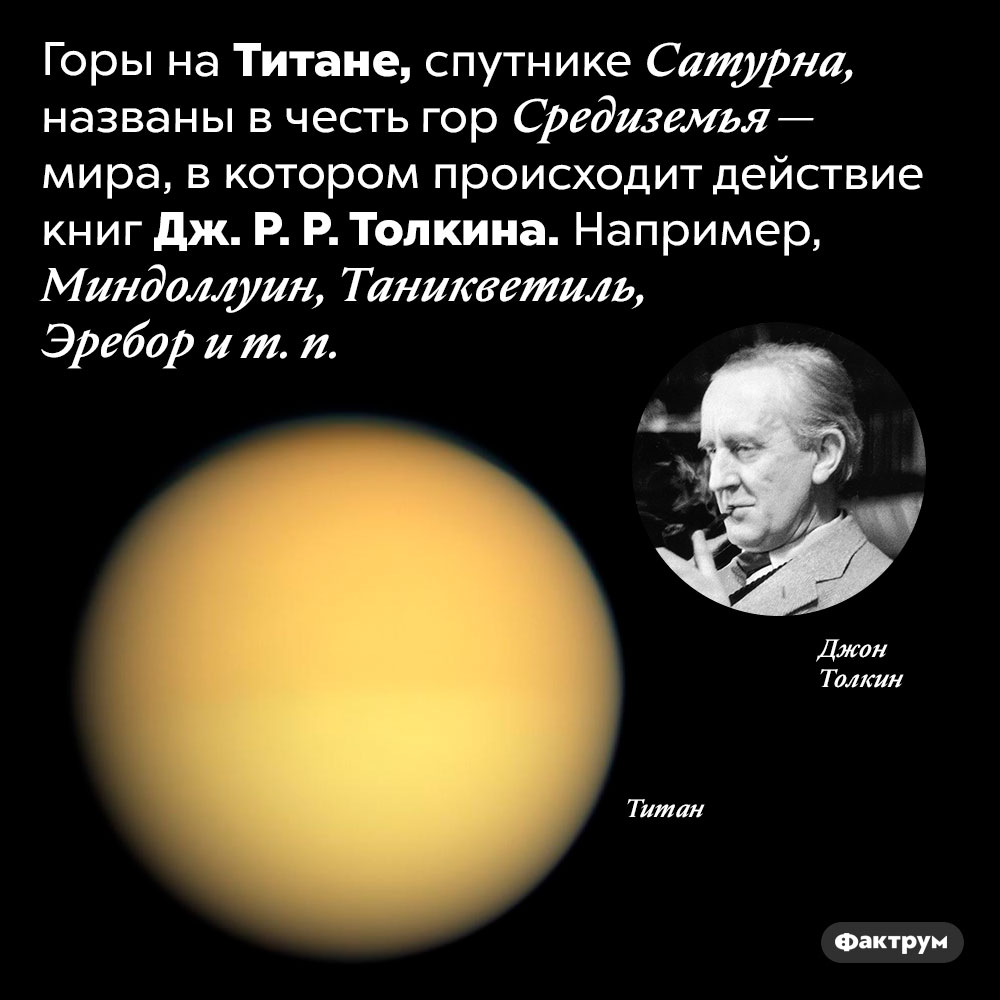 Горы на Титане названы в честь гор Средиземья. Горы на Титане, спутнике Сатурна, названы в честь гор Средиземья — мира, в котором происходит действие книг Дж. Р. Р. Толкина. Например, Миндоллуин, Таникветиль, Эребор и т. п.