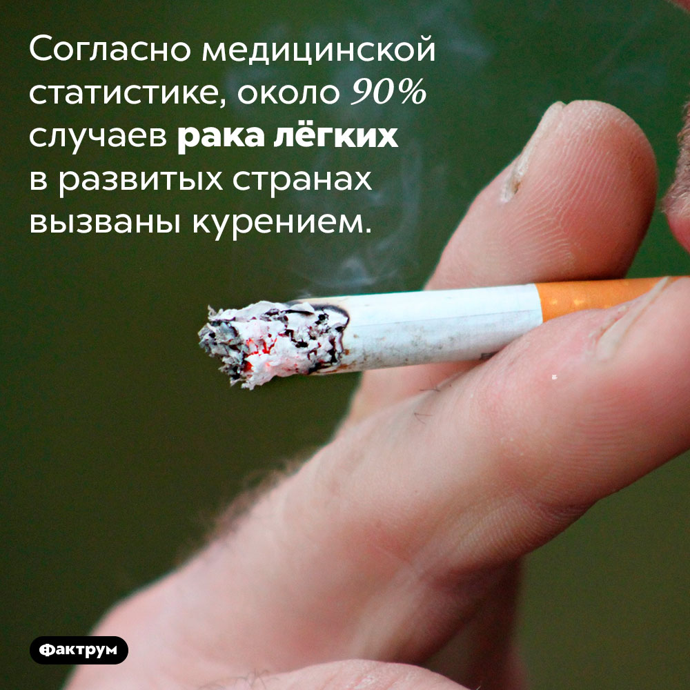 Чем вызывается рак лёгких?. Согласно медицинской статистике, около 90% случаев рака лёгких в развитых странах вызваны курением.