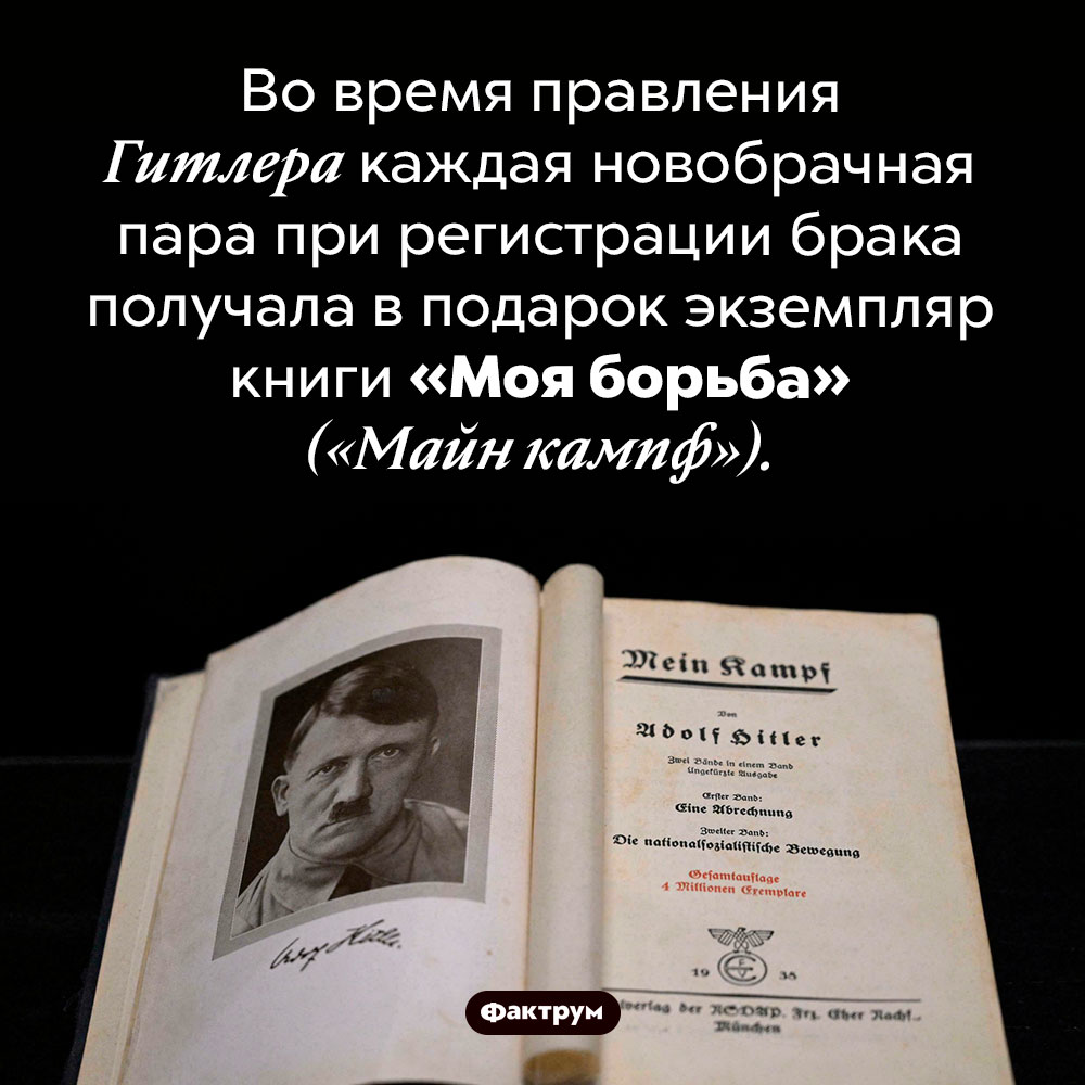 «Майн кампф» для новобрачных. Во время правления Гитлера каждая новобрачная пара при регистрации брака получала в подарок экземпляр книги «Моя борьба» («Майн кампф»).