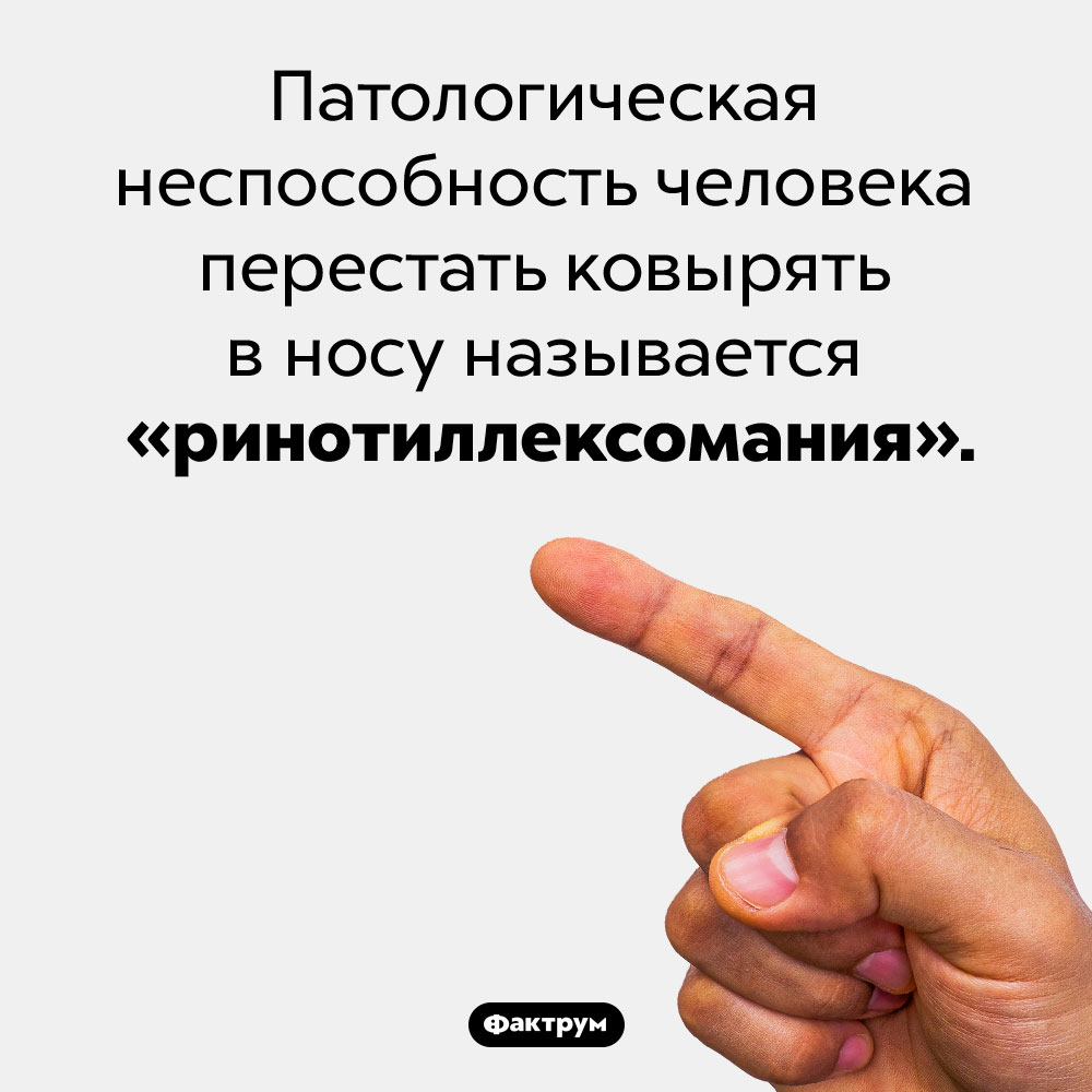Люди с ринотиллексоманией неспособны перестать ковырять в носу. Патологическая неспособность человека перестать ковырять в носу называется «ринотиллексомания».
