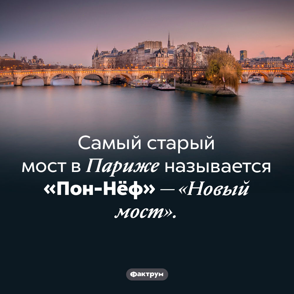 Старейший мост в Париже — Новый. Самый старый мост в Париже называется «Пон-Нёф» — «Новый мост».
