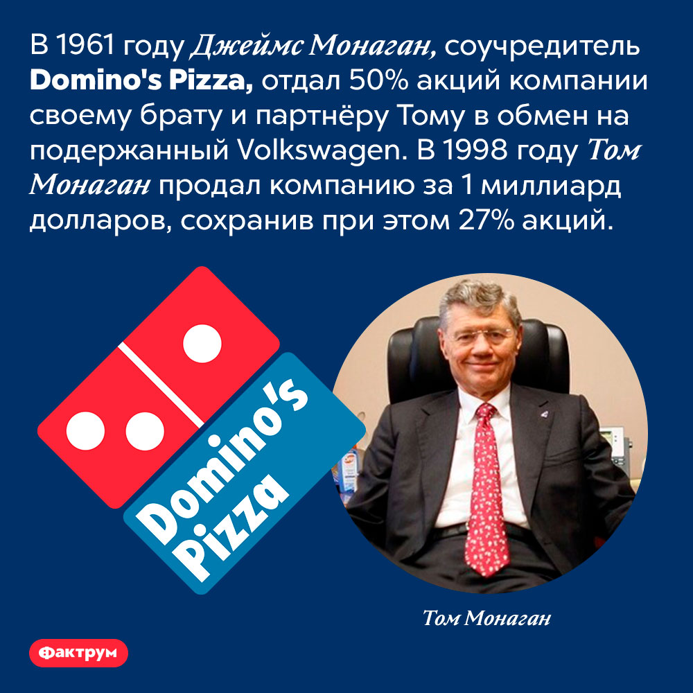 Сделка братьев Монаган. В 1961 году Джеймс Монаган, соучредитель <em>Domino's Pizza,</em> отдал 50% акций компании своему брату и партнёру Тому в обмен на подержанный <em>Volkswagen.</em> В 1998 году Том Монаган продал компанию за 1 миллиард долларов, сохранив при этом 27% акций.