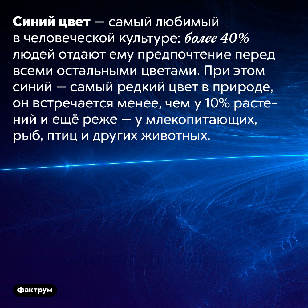 Синий цвет — самый любимый в человеческой культуре. Синий цвет — самый любимый в человеческой культуре: более 40% людей отдают ему предпочтение перед всеми остальными цветами. При этом синий — самый редкий цвет в природе, он встречается менее, чем у 10% растений и ещё реже — у млекопитающих, рыб, птиц и других животных.