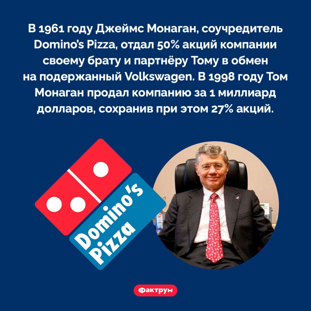 Сделка братьев Монаган. В 1961 году Джеймс Монаган, соучредитель <em>Domino's Pizza,</em> отдал 50% акций компании своему брату и партнёру Тому в обмен на подержанный <em>Volkswagen.</em> В 1998 году Том Монаган продал компанию за 1 миллиард долларов, сохранив при этом 27% акций.