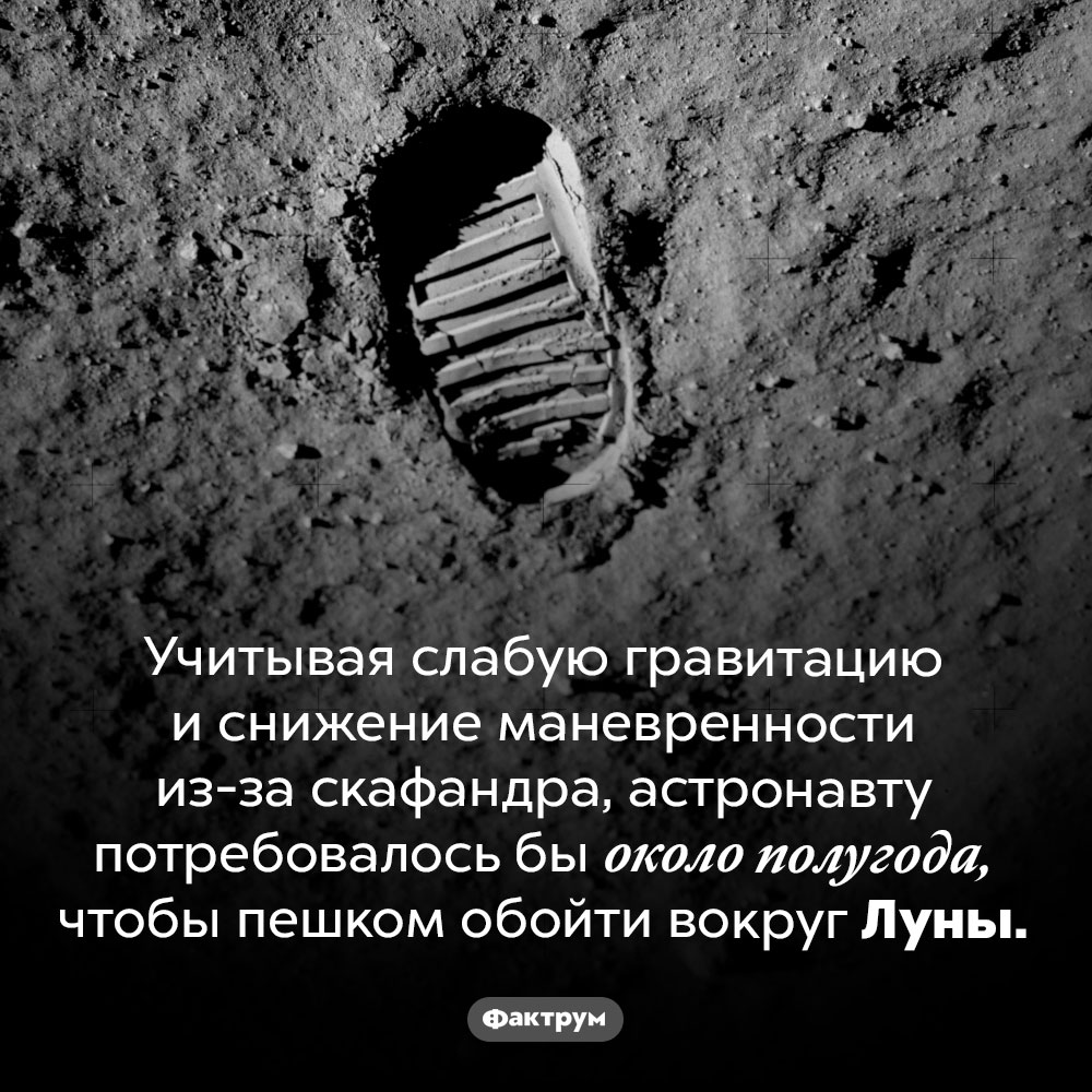 Кругосветное путешествие по Луне. Учитывая отсутствие гравитации и снижение маневренности из-за скафандра, астронавту потребовалось бы около полугода, чтобы пешком обойти вокруг Луны.