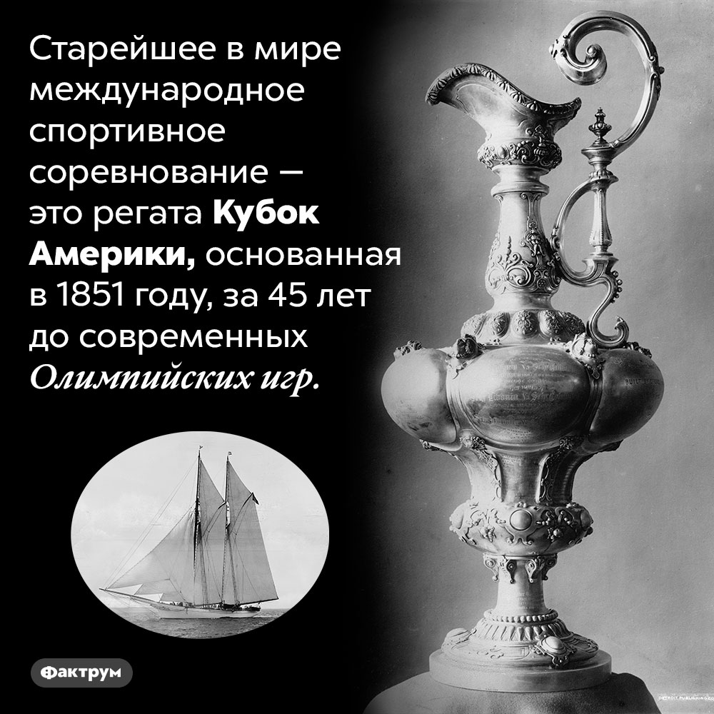 Самое старое в мире международное спортивное соревнование. Старейшее в мире международное спортивное соревнование — это регата Кубок Америки, основанная в 1851 году, за 45 лет до современных Олимпийских игр.