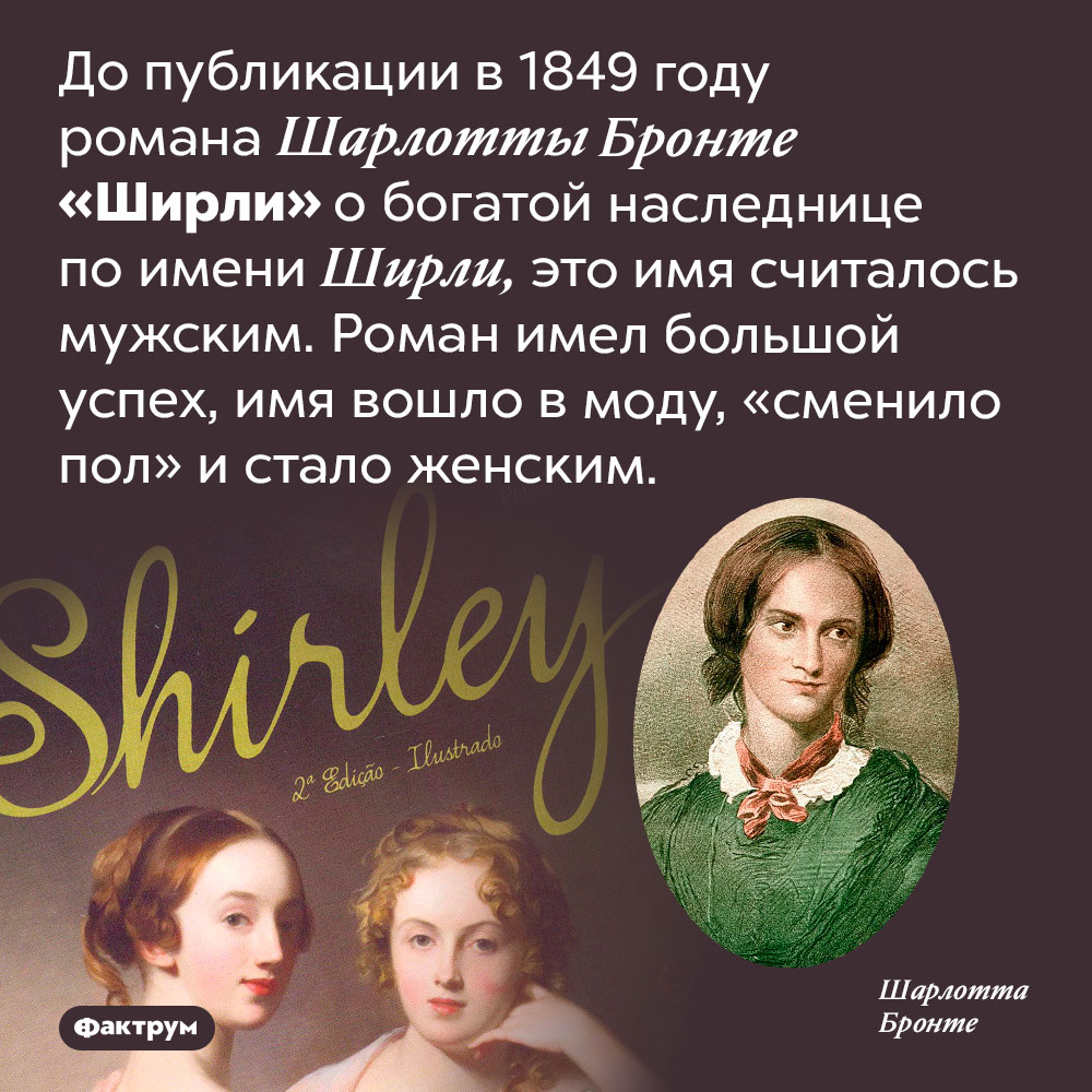 Имя, которое сменило пол. До публикации в 1849 году романа Шарлотты Бронте «Ширли» о богатой наследнице по имени Ширли, это имя считалось мужским. Роман имел большой успех, имя вошло в моду, «сменило пол» и стало женским.