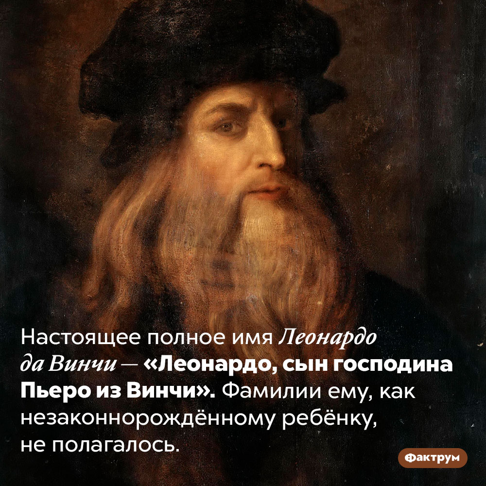 Настоящее имя Леонардо да Винчи. Настоящее полное имя Леонардо да Винчи — «Леонардо, сын господина Пьеро из Винчи». Фамилии ему, как незаконнорождённому ребёнку, не полагалось.