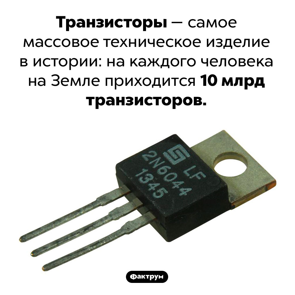 Самое массовое техническое изделие. Транзисторы — самое массовое техническое изделие в истории: на каждого человека на Земле приходится 10 млрд транзисторов.