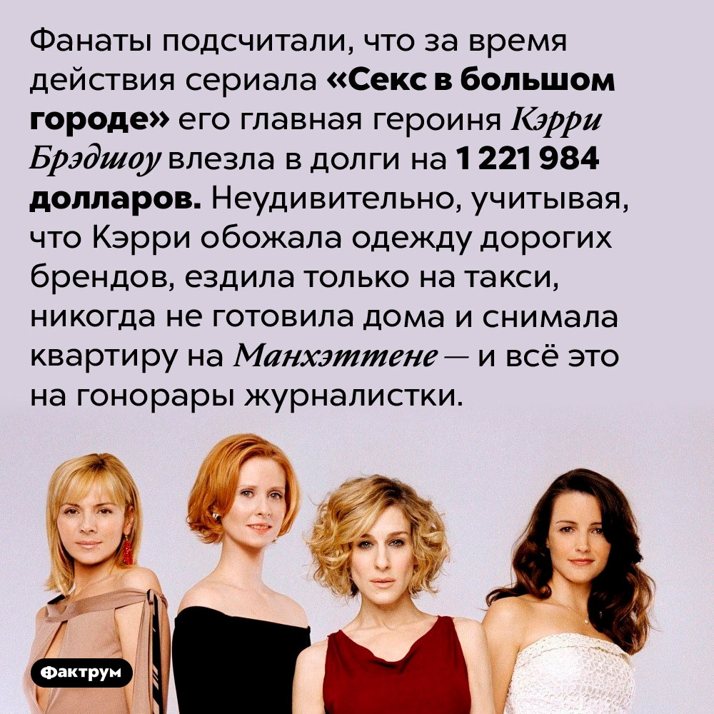 Сколько задолжала Кэрри Брэдшоу. Фанаты подсчитали, что за время действия сериала «Секс в большом городе» его главная героиня Кэрри Брэдшоу влезла в долги на 1 221 984 долларов. Неудивительно, учитывая, что Кэрри обожала одежду дорогих брендов, ездила только на такси, никогда не готовила дома и снимала квартиру на Манхэттене — и всё это на гонорары журналистки.
