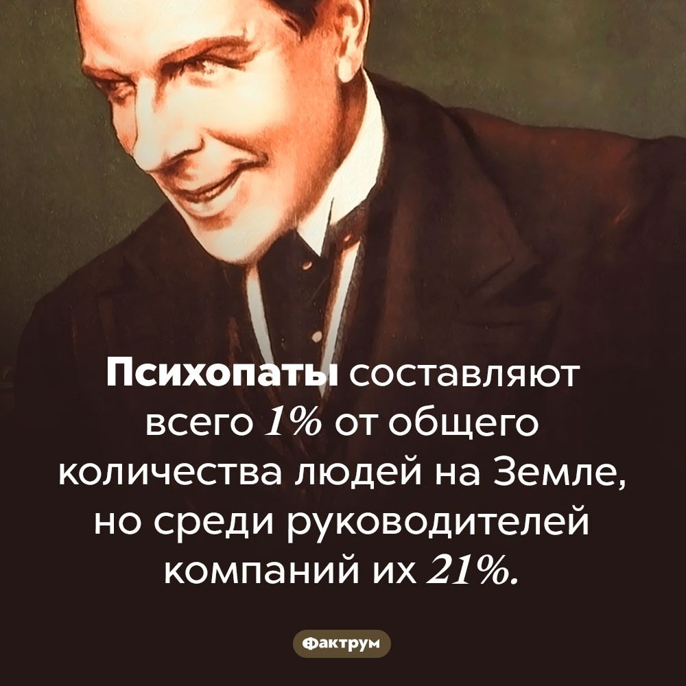 Сколько психопатов среди руководителей компаний?. Психопаты составляют всего 1% от общего количества людей на Земле, но среди руководителей компаний их 21%.