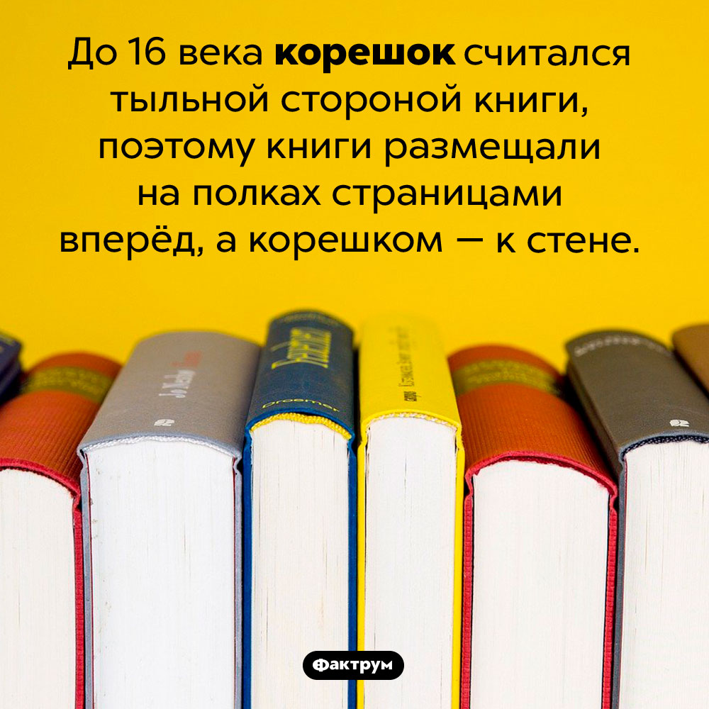 До 16 века книги ставили на полки страницами вперёд. До 16 века корешок считался тыльной стороной книги, поэтому книги размещали на полках страницами вперёд, а корешком — к стене.