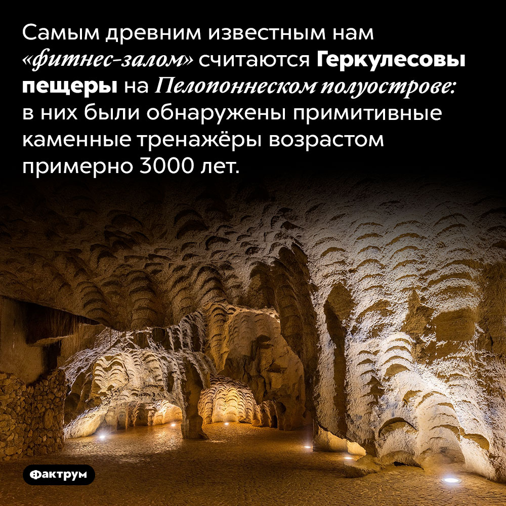 Самый древний фитнес-зал. Самым древним известным нам «фитнес-залом» считаются Геркулесовы пещеры на Пелопоннеском полуострове: в них были обнаружены примитивные каменные тренажёры возрастом примерно 3000 лет.