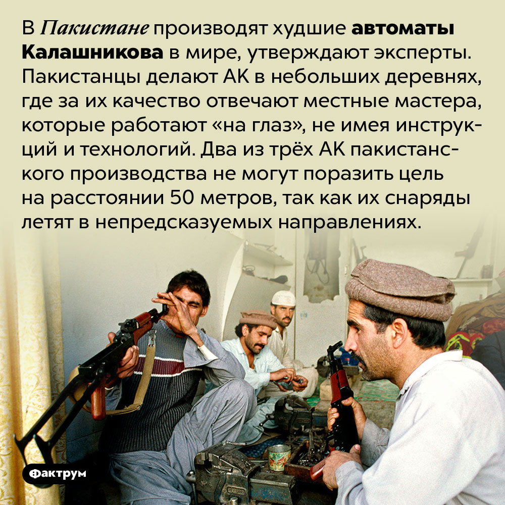 Худшие автоматы Калашникова в мире. В Пакистане производят худшие автоматы Калашникова в мире, утверждают эксперты. Пакистанцы делают АК в небольших деревнях, где за их качество отвечают местные мастера, которые работают «на глаз», не имея инструкций и технологий. Два из трёх АК пакистанского производства не могут поразить цель на расстоянии 50 метров, так как их снаряды летят в непредсказуемых направлениях.