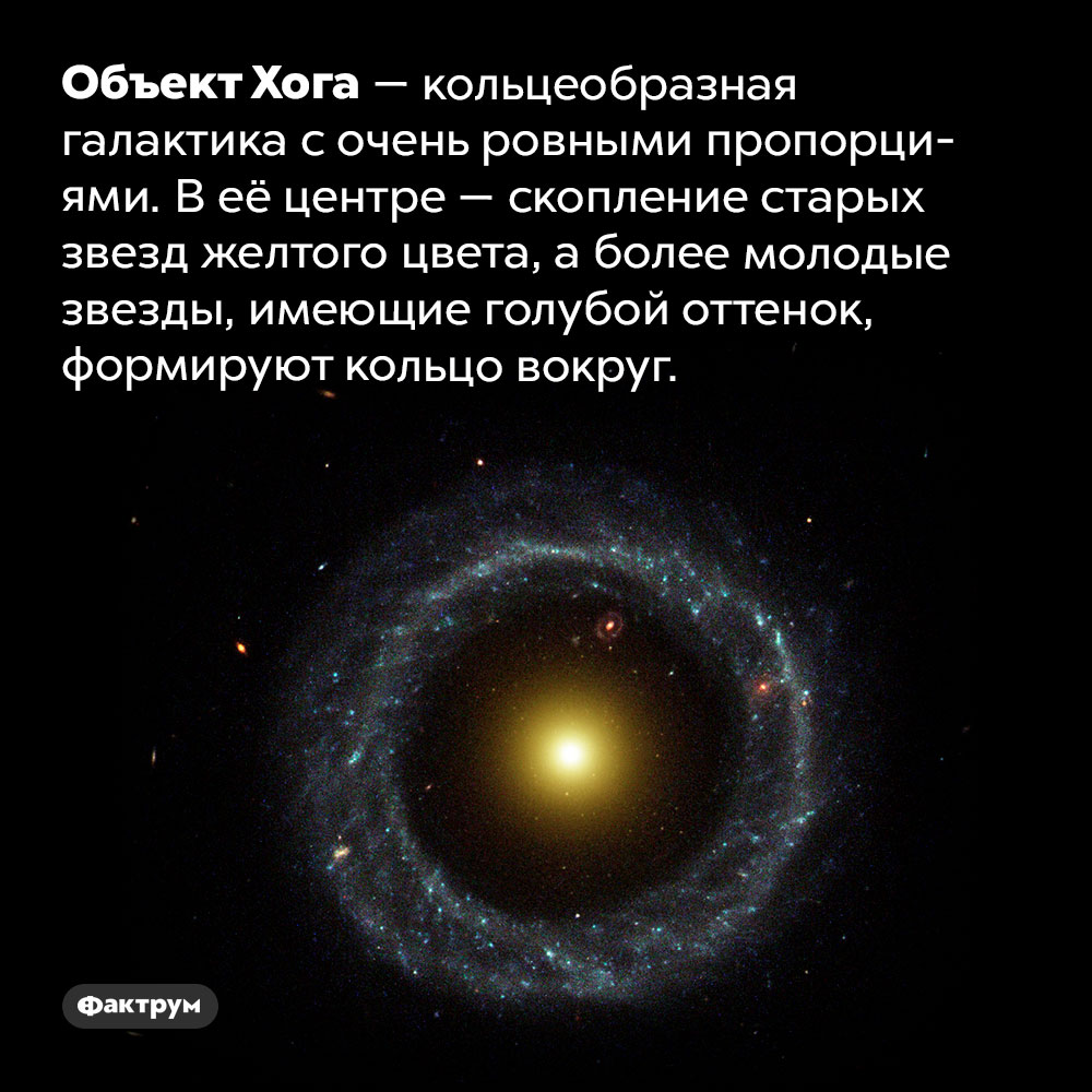 Что такое объект Хога. Объект Хога — кольцеобразная галактика с очень ровными пропорциями. В её центре — скопление старых звезд желтого цвета, а более молодые звезды, имеющие голубой оттенок, формируют кольцо вокруг. 