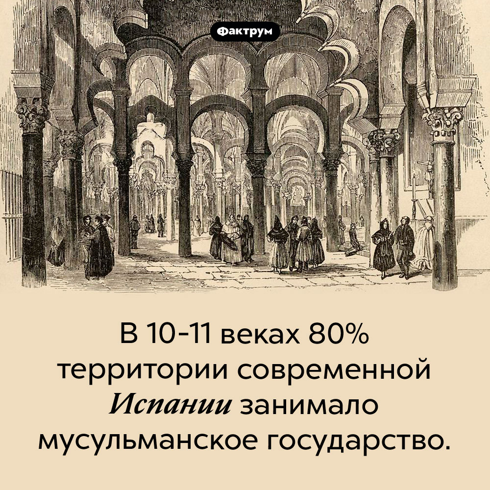 Мусульманская Испания. В 10-11 веках 80% территории современной Испании занимало мусульманское государство.