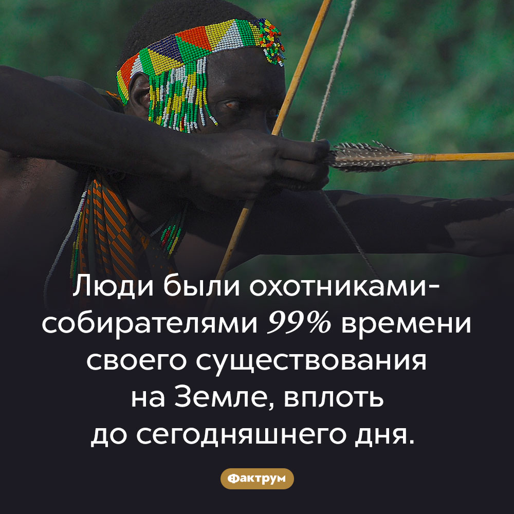 Охота и собирательство — главная деятельность человека. Люди были охотниками-собирателями 99% времени своего существования на Земле, вплоть до сегодняшнего дня.