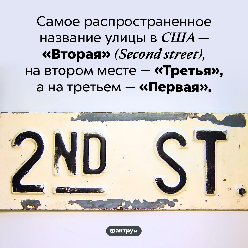 В США больше всего Вторых улиц. Самое распространенное название улицы в США — «Вторая» (Second street), на втором месте — «Третья», а на третьем — «Первая».