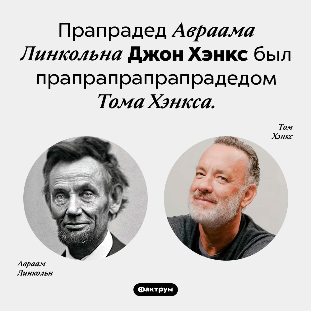 Том Хэнкс — родственник Авраама Линкольна. Прапрадед Авраама Линкольна Джон Хэнкс был прапрапрапрапрадедом Тома Хэнкса.