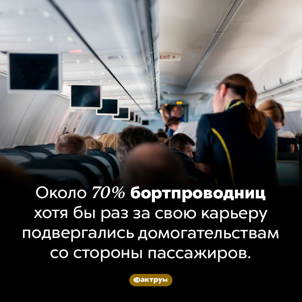 К бортпроводницам постоянно пристают. Около 70% бортпроводниц хотя бы раз за свою карьеру подвергались домогательствам со стороны пассажиров.